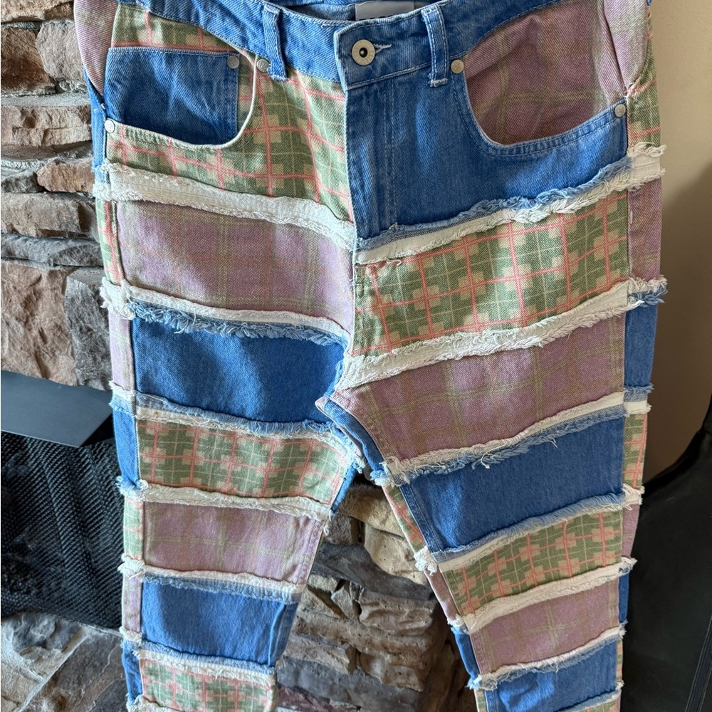 The Ragged Priest High Rise Patchwork Jeans - Blue and Pink